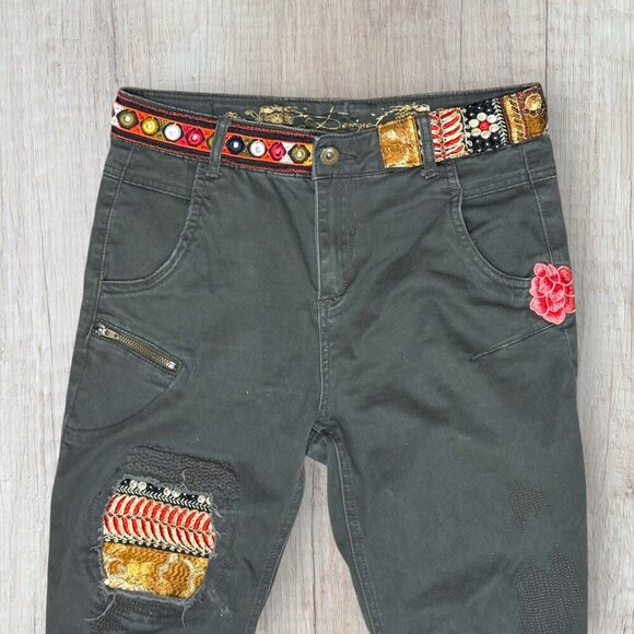 DESIGUAL Olive Green Ribbon Patchwork Embroidered Design Skinny Ankle Jeans 24 - Picture 2 of 14